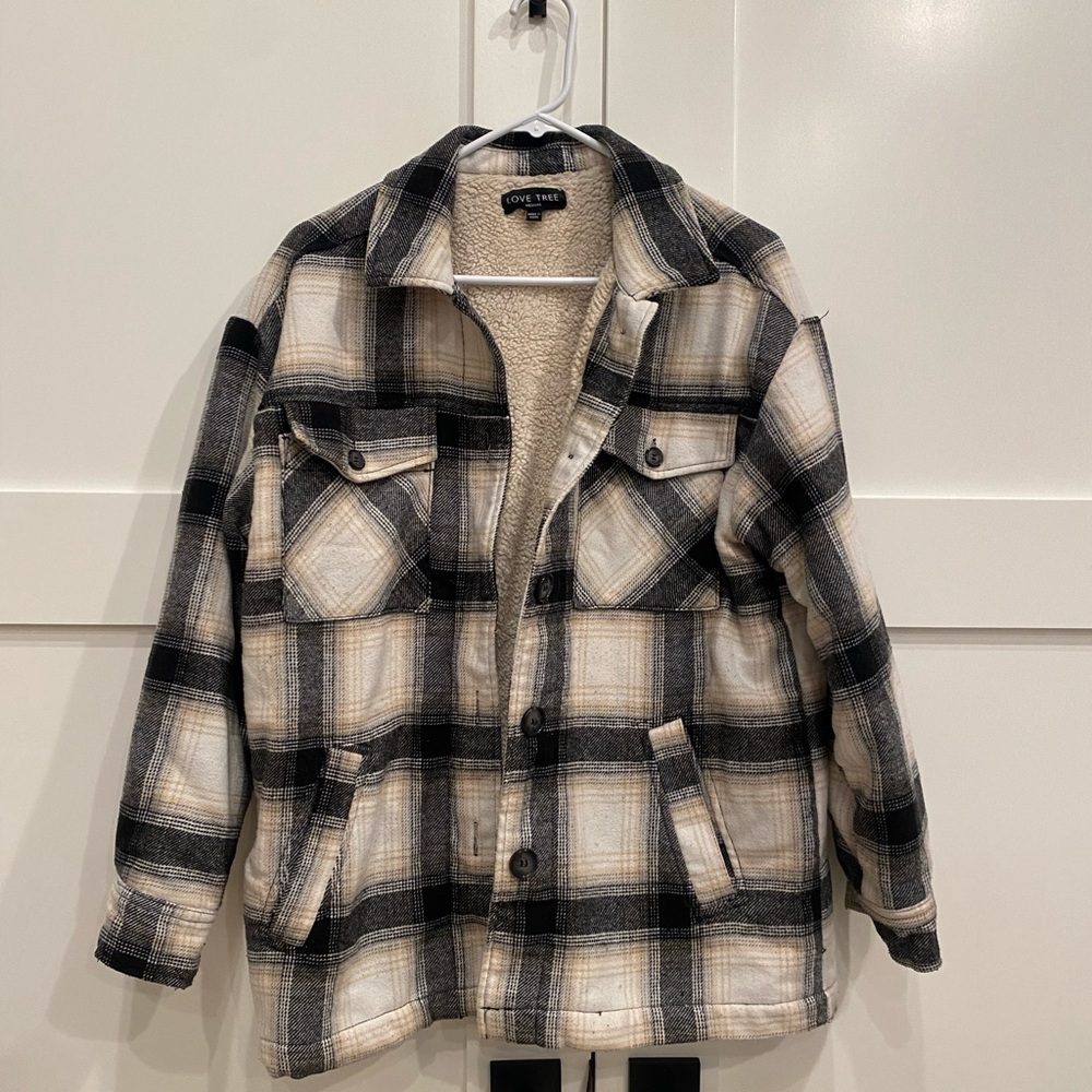 Love Tree flannel button up. Tan and khaki with Sherpa lined inside.